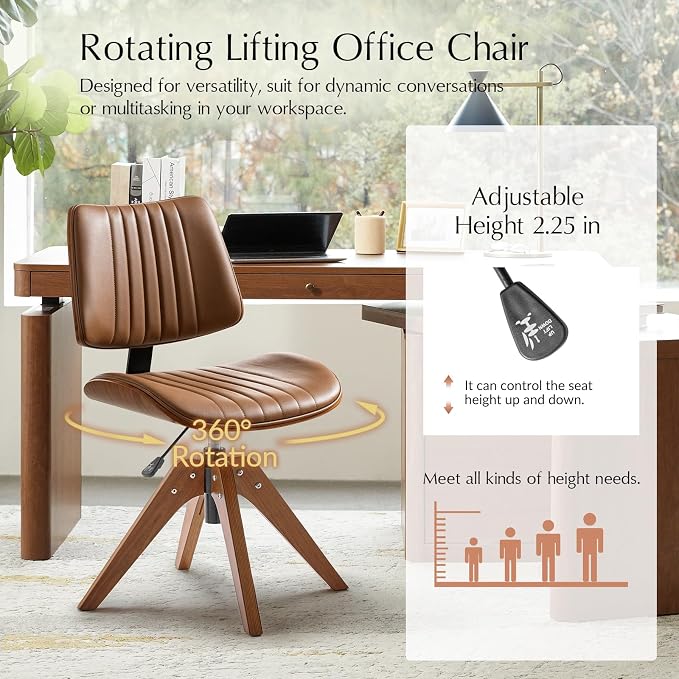HULALA HOME Faux Leather Home Office Desk Chair No Wheels, Camel | Mid-Century Modern Desk Chair with Wood Legs, 360° Swivel Computer Task Chair with Channel-Tufted Backrest, Height Adjustable