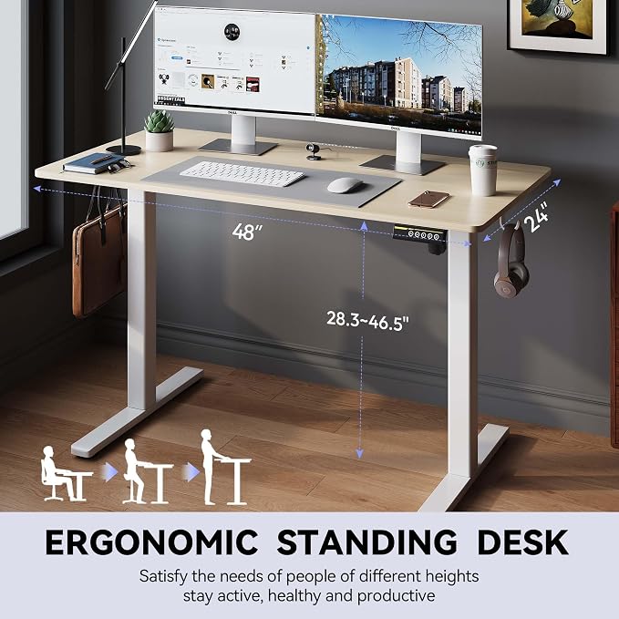 Electric Standing Desk,48x24 Inches Adjustable Height Stand up Desk, Sit Stand Home Office Desk with Splice Board, 3 Preset Heights,Equipped with Hooks,Ergonomic Computer Workstation，Nature