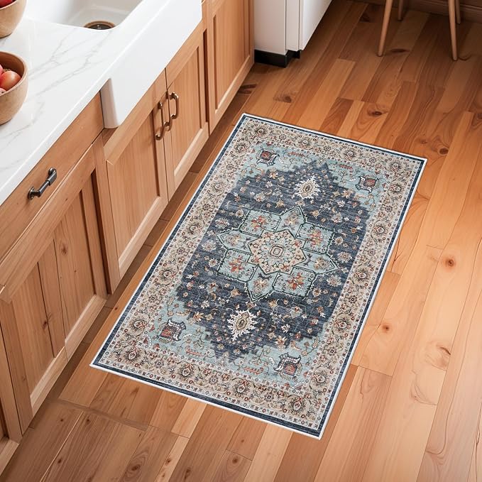Washable Oriental Area Rug - 2x3 Rugs for Living Room Soft Carpet for Bedroom Waterproof Floral Distressed Indoor Stain Resistant Non-Shedding Floor Carpets (Blue/Teal/Orange, 2x3)