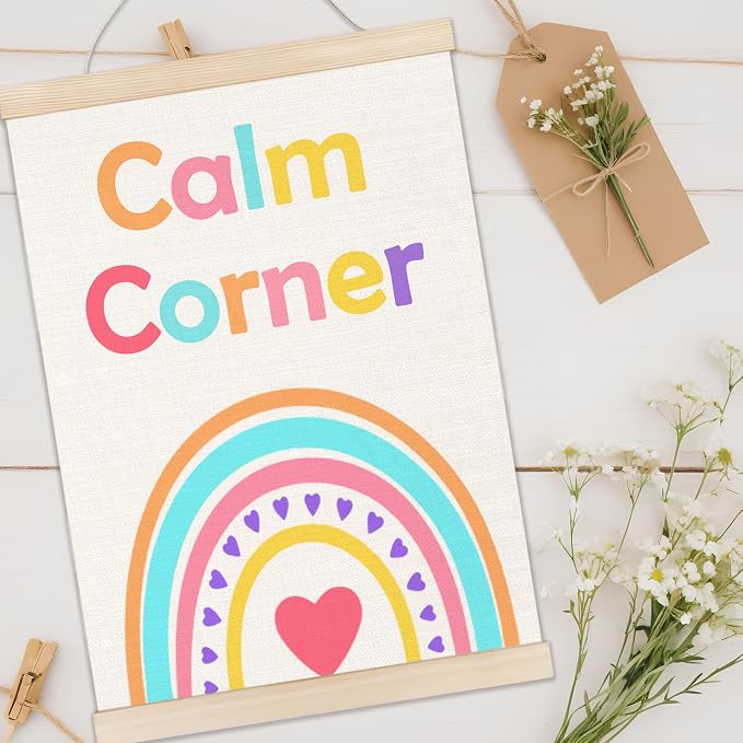 Welshower Boho Rainbow Calm Corner Poster Hanger Frame, Colorful Mental Health Wall Art Prints Decor for Kids Room Classroom Therapy School Counselor Calming Office, 12x16 Inch