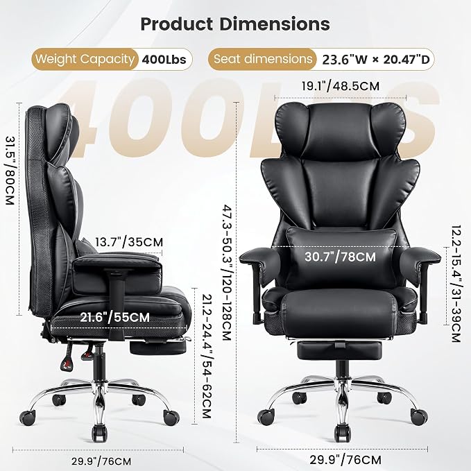 Big & Tall Office Chair, Ergonomic High Back with Footrest Black | 400 LBS Heavy Duty Steel Frame for Plus-Size Users, 23.6" Wide Cushioned Seat, 165° Recline, Ajustable Arms, Lumbar Support