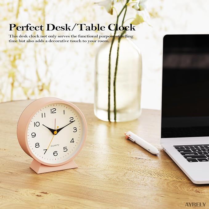 AYRELY® 4.5" Analog Alarm Clock, Small Retro Desk Clock and Table Clock | Battery Operated, Silent Metal Table Clock with Light for Living Room Decor, Bedroom, Bedside and Shelf(Light Pink)