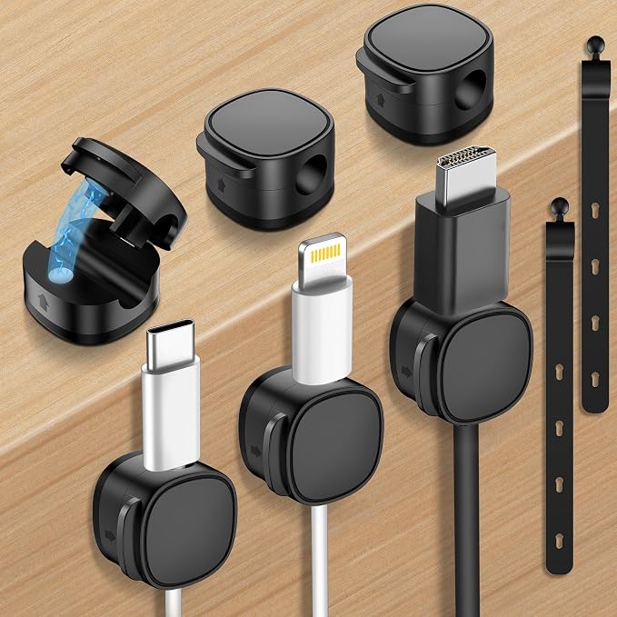 6 Pack,Magnetic Cable Clips & Silicon Cable Ties Cable Organizer | [Cable Smooth Adjustable Under Desk Organizer],Cable Management,Cord Holder-Desk Stand Holding,Adhesive Home Cable Keeper