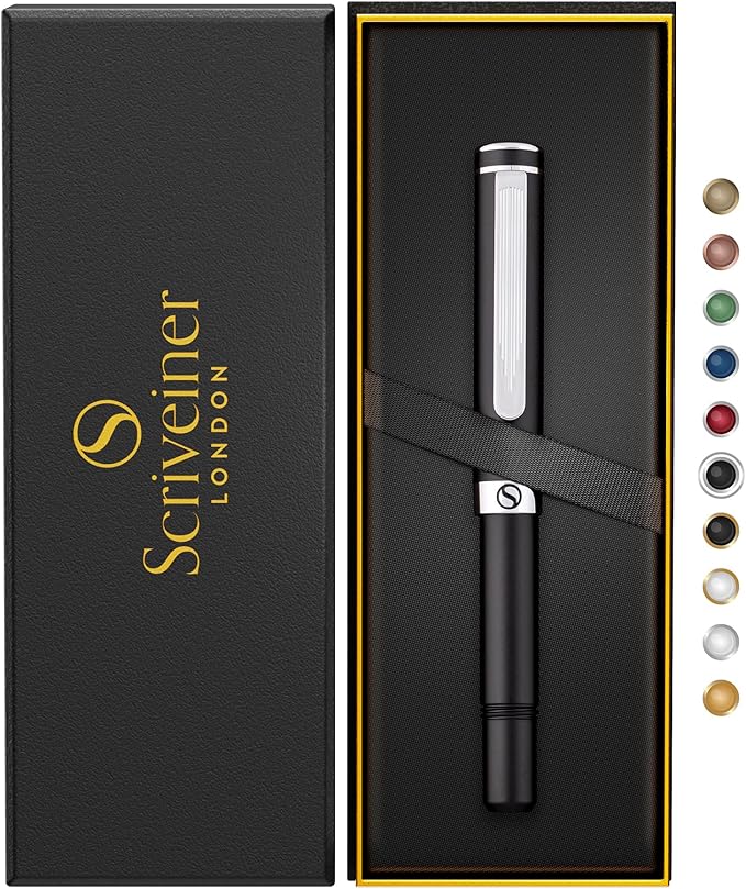 Scriveiner Black Rollerball EDC Luxury Pen, Stunning Pocket Pen with Chrome Finish, bundle with Rollerball Refill Black Medium - 4 Rollerball Refills in one box
