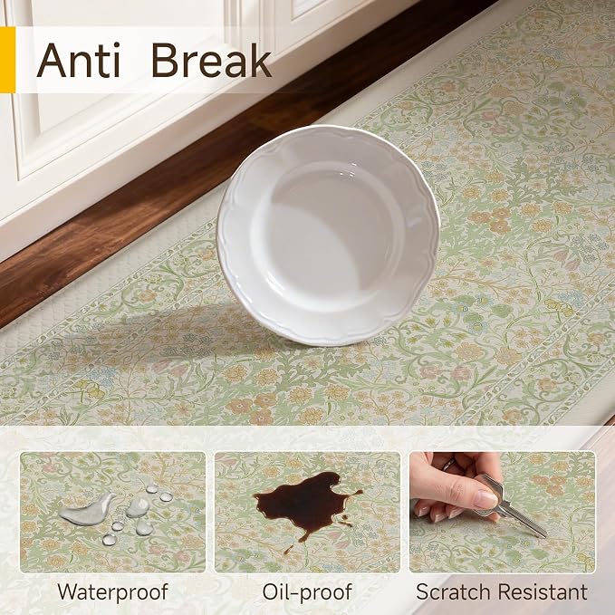 Kitchen Mats for Floor Thick Anti Fatigue Waterproof Vintage Spring Floral Kitchen Rugs 2PCS Cushioned Non Slip Green Comfort Standing Mats for Sink Laundry Office 17.3"×59"+17.3"×30"