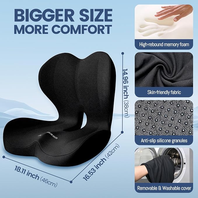Lumbar Support Seat Cushion - Memory Foam Cushion for Office Chair, Car Seat, Airplane - Sciatica & Hip & Coccyx Pain Relief Desk Chair Cushion for Long Sitting Office Workers, Car Drivers