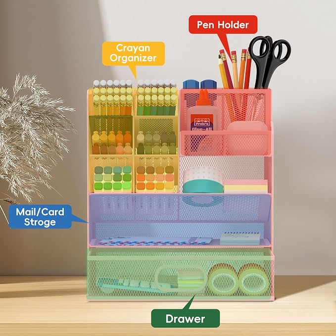 Mesh Pen Organizer for Desk, 13 Compartments with Drawer, Pink | Metal mesh pencil holder and desk organizer with tilted slots for easy access to stationery at home, school or office