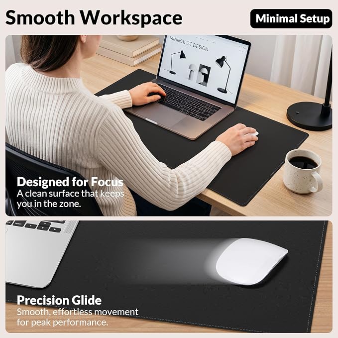 AFIING Desk Mat 35.4" x 17", Cork & PU Leather Desk Pad, Black | Large Mouse Pad, Waterproof Desk Protector, Office Desk Mat & Laptop Blotter