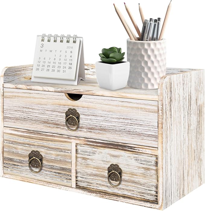 Wood Desk Organizer with Drawer, Vintage Brown Wooden Desktop Organizer, Tabletop Storage Organization Box for Countertop, Home Office Supplies (3 Drawer and Shelf)