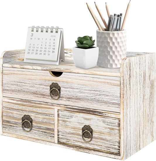 Wood Desk Organizer with Drawer, Vintage Brown Wooden Desktop Organizer, Tabletop Storage Organization Box for Countertop, Home Office Supplies (3 Drawer and Shelf)