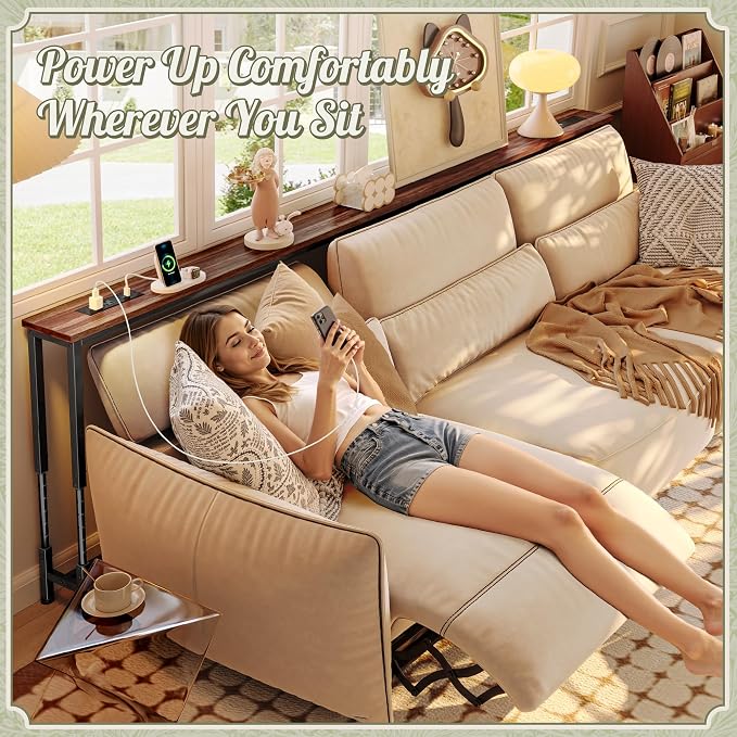 Huuger 102.4 Inch Sofa Table with Power Outlets, 23.9’’-34.4’’ Height Adjustable Range, Behind Couch Table with USB-C Ports, Sofa Tables Narrow Long, Skinny Console Table, Small Spaces, Dark Walnut