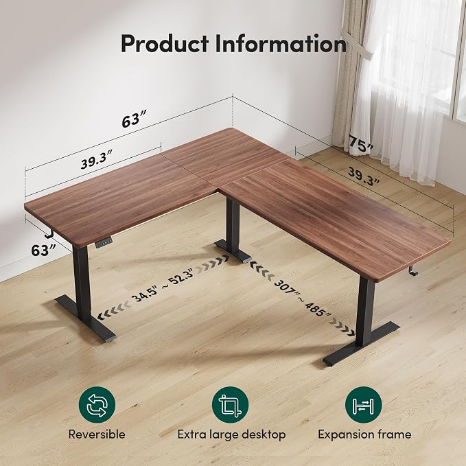FEZIBO 63" x 55" L Shaped Standing Desk Adjustable Height, Electric Stand up Corner Computer Desk, Sit Stand Home Office Desk with Splice Board, Black Frame/Black Walnut Top