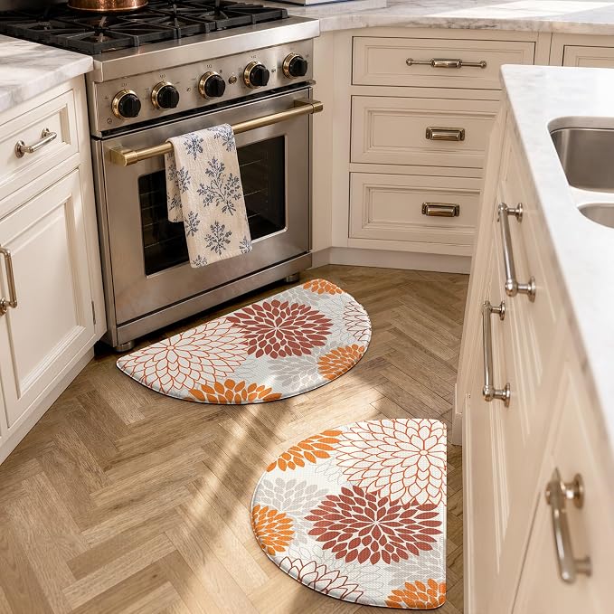 KIMODE Half Circle Anti Fatigue Mats for Kitchen Floor Kitchen Mats 2PCS | 18"x28+18"x28",Orange,Dahlia Floral Boho,Kitchen Rugs 2pcs,Non Slip,Waterproof,for Sink Office Laundry Bathroom Decor