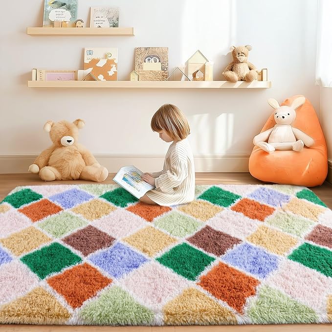 Checkered Rug for Bedroom 5x7, Ultra Fluffy Fuzzy Shag Area Rugs for Living Room, Anti-Skid Indoor High Pile Soft Rug Carpet for Living Room Bedroom Kids Room Nursery, Dorm Home Decor, Colorful
