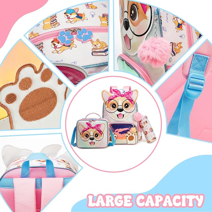 Meetbelify 3 in 1 Backpack for Girls Backpack for Elementary Student Cute Kids Travel Bookbag with Lunch Box Pencil Case for Girls Ages 6-8