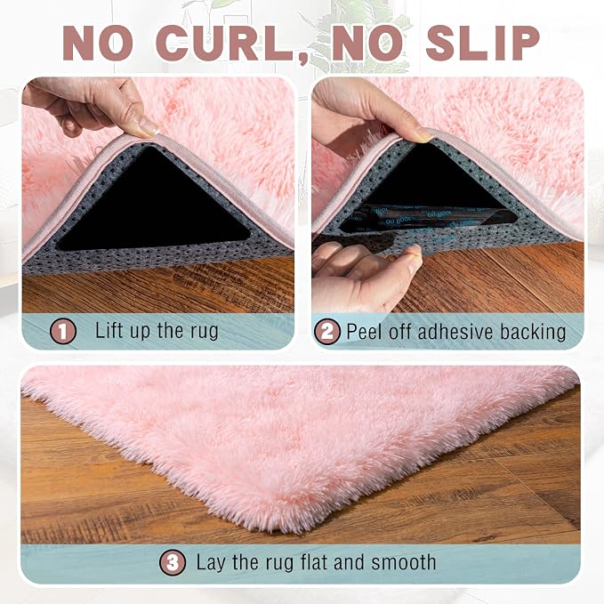 Pink Area Rug for Bedroom, 2x3 Small Rugs for Living Room Nursery Kids Room Dorm Home Decor Aesthetic, Fluffy Shaggy Rug with 4 Anti-Slip Carpet Tapes