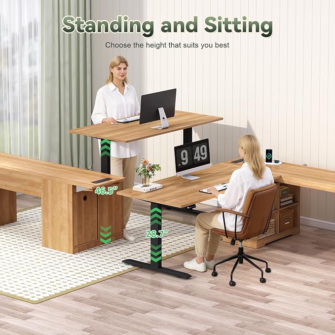 YOMILUVE 66 inch Fluted L Shaped Standing Desk with Storage for Home Office | Corner Electric Standing Desk with Drawers ＆ Storage Shelves, Height Adjustable Computer Desk with Power Outlets, Oak