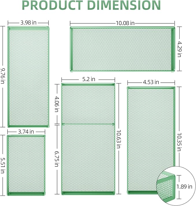 Marbrasse 5 Pack Desk Drawer Organizer Set, Mesh Drawer Storage Trays with 1 Adjustable Divider, Desk Organizers and Accessories, 5 PCS Drawer for Office Supplies, Makeup & Vanity (Green)