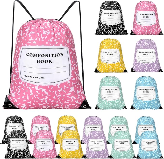 18 Pcs Back to School Composition Book Drawstring Bag Bulk 13"x16" Backpacks Carrying Folder Computer for Writing Teacher (Pastel)
