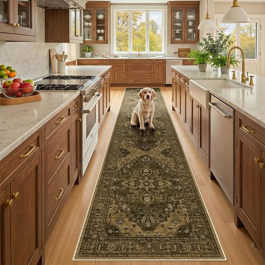 RELEANY Area Rugs Runner 2'x10' Washable Non-Slip, Floral Vintage Distress Medallion Carpet for Kitchen Hallway Bedroom Beside Laundry Room Bathroom, Brown Dark Brown