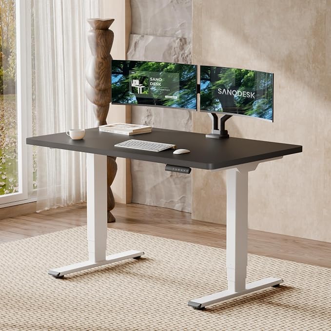 SANODESK Dual Motor Standing Desk 220lbs Height Adjustable Desk | 48"x30" Spacious One-Piece Black Desktop & White Frame, 4 Memory Presets, 3-Stage Legs, 220lbs, 2-Box for Home & Office