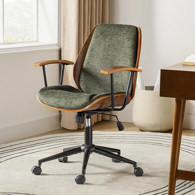 HULALA HOME Solid Wood Office Chair with Tilt Function & Metal Base, Green | Mid Century Modern Desk Chair with Bent Wood Frame, 360° Swivel Fabric Computer Task Chair, Height Adjustable