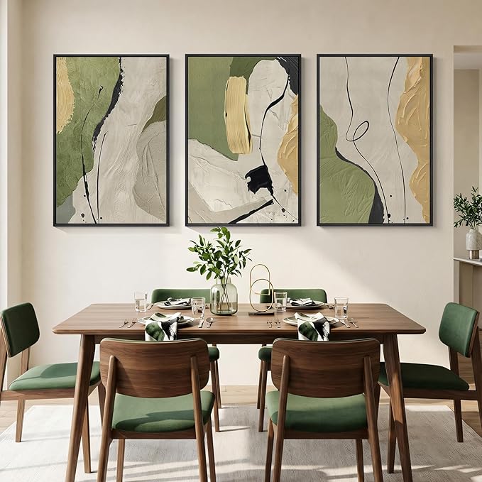 Large Framed Sage Green Abstract Wall Art for Living Room, 3 Piece Modern Canvas Prints Paintings Artwork for Walls, Gray Yellow Minimalist Pictures Wall Decor for Bedroom Dining Room Office, 24x36 In