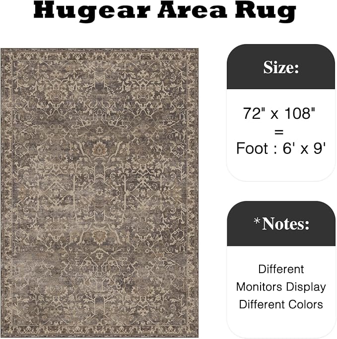 HUGEAR Area Rug 6x9 Retro Brown Machine Washable Living Room Rugs Distressed Vintage Floral Vacuumable Low Pile Carpet Bedroom Office Dining Room Laundry Room Non Slip Soft Lightweight