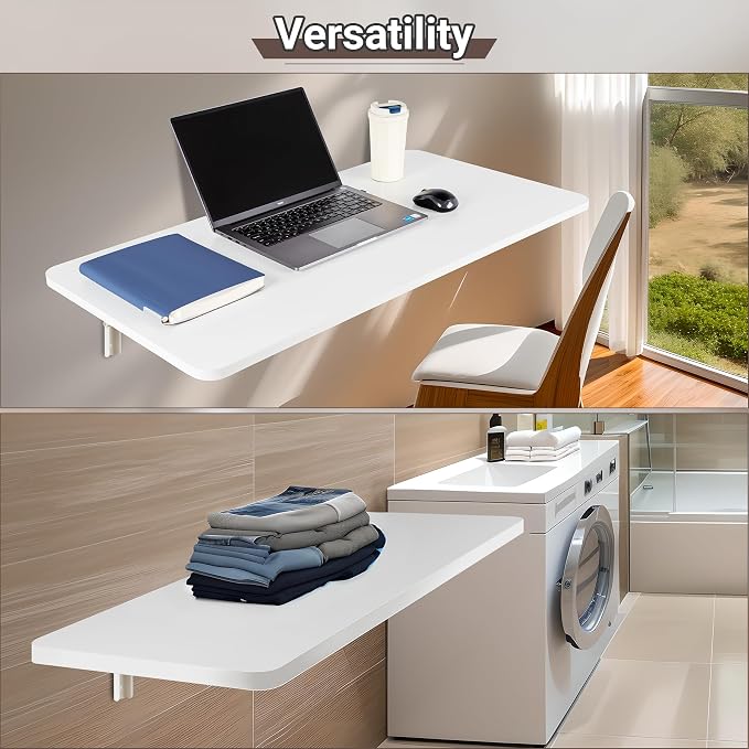 Neoaider Wall Mounted Folding Table 39.4”L x 19.7”W, Laundry Folding Table with Heavy Duty Metal Collapsible Shelf Brackets, Wall Mounted Desk Fold Down for Small Spaces, White