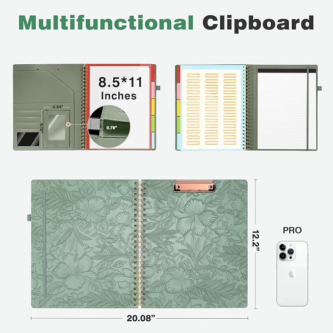 Clipboard with Storage for Men Women, Leather Padfolio Portfolio Organizer 5 Folders with 10 Pockets, Spiral Clipboard Folio with Notepad for Letter Size, Elastic Closure and Pen Loop Green Floral