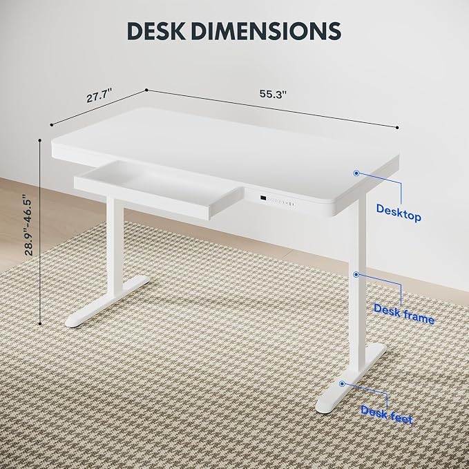 SANODESK Standing Desk with Drawer, Electric Height Adjustable Home Office Desk with Storage & USB Ports, 55 inch White Wood Tabletop/White Frame
