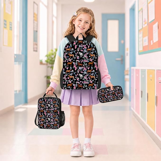 3PCS Horse Backpacks for Girls Boys Teens, School Backpack with Lunch Box Pencil Case for Elementary Middle High Students, 17 Inch Lightweight Bookpack 3 in 1 Set Back to Shool Supplies for Kids
