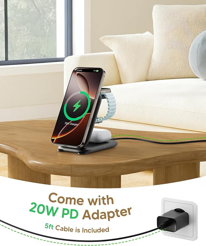 Mukiya 2026 Traveling Fast Wireless Charging Station for Apple Devices, Magnetic 3 in 1 MagSafe Charger Stand for iPhone 17 16 15 14 13 12 Pro Max Plus Air, Apple Watch&Air pods Pro-Sweet Gifts, BK