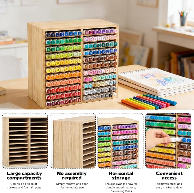 11-Tier Bamboo Marker Organizer with 22 Compartments - Holds 176 Art Markers, No Assembly Horizontal Storage Marker Rack, Bamboo Pen Holder for Desk, Classroom & Office Stationery