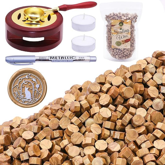 SWANGSA Sealing Wax Kit, 1450pcs Sealing Wax Beads Metallic Antique Gold, Wax Seal Warmer, Wax Spoon, Gold Wax Seal Pen and Tealight Candles for Wax Stamp Letter Sealing