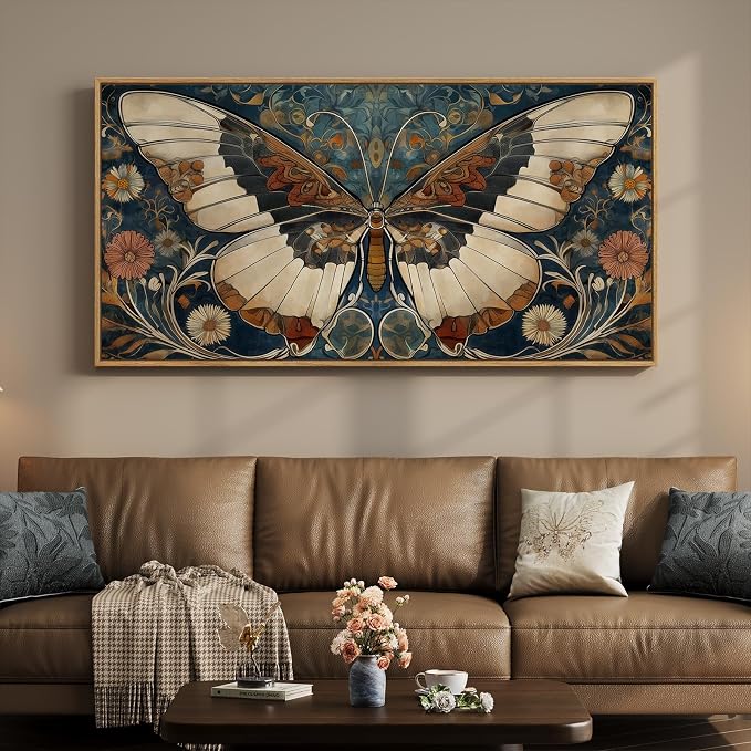 Framed Vintage Butterfly Wall Art for Living Room, Extra Large Horizontal Canvas Artwork Decor, Retro Rustic Picture Print Painting for Bedroom Hallway 60x30 Inch