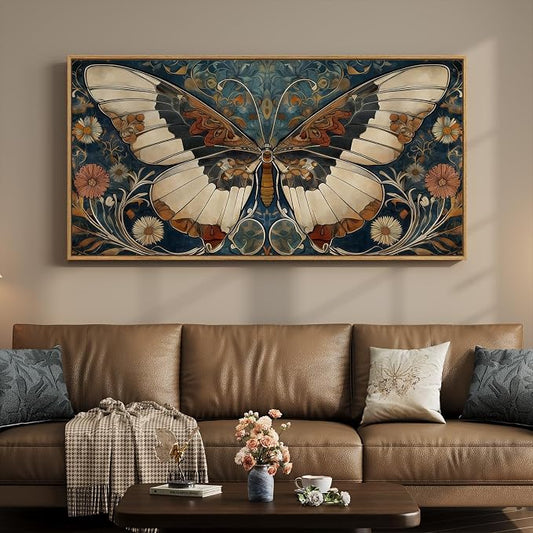 Framed Vintage Butterfly Wall Art for Living Room, Extra Large Horizontal Canvas Artwork Decor, Retro Rustic Picture Print Painting for Bedroom Hallway 60x30 Inch
