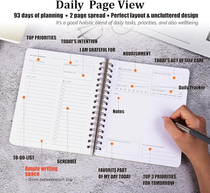 Undated Daily Overview Planner - 3-Month Productivity Journal to Increase Focus, Eliminate Overwhelm, and Achieve Your Goals - 8×8.8" Hard Cover Wire-bound Agenda Notepad