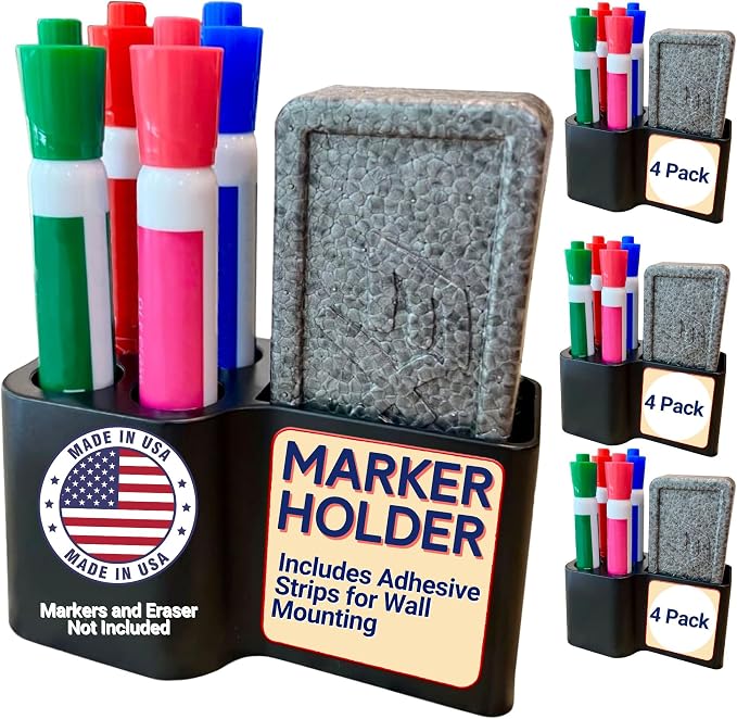 Whiteboard Marker Holder Magnetic - Dry Erase Marker Organizer with Adhesive Mount - Office Supplies Organizer for Classroom, School, Fridge - Made in USA, Black 4 Pack