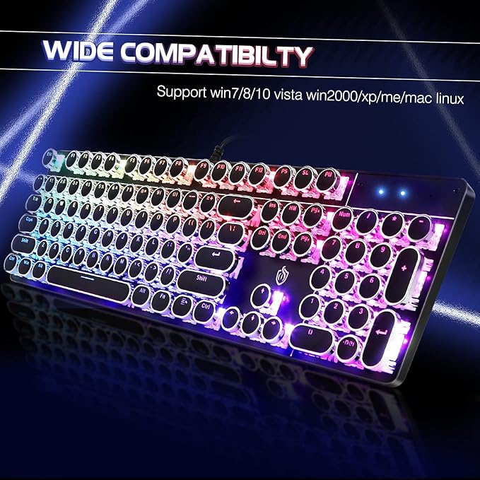 Typewriter Style Mechanical Gaming Keyboard RGB Backlit Wired with Blue Switch Retro Round Keycap 104 Keys Keyboard Compatible with Laptops/Chromebook/Desktop (Black 104 Keys RGB)
