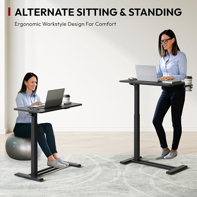 SANODESK 28''Mobile Standing Desk with Hidden Wheels,Pneumatic Laptop Desk | Computer Cart Movable Height Adjustable Table Small Sit Stand Desk for Home Office Hospital Use,27.6" W x 15.7" D, Black