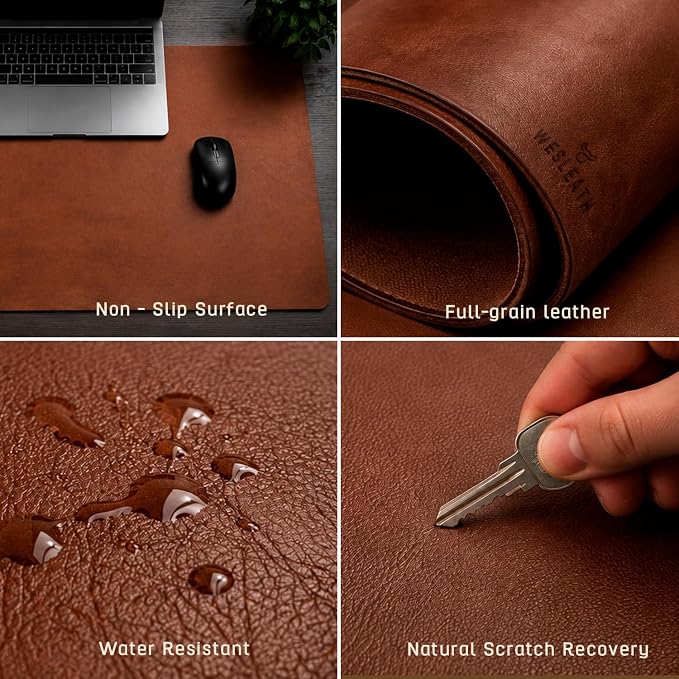 Premium Leather Desk Mat, Full Grain Leather Desk Pad Protector & Desk Blotter, Waterproof Non-Slip Writing Surface for Keyboard, Mouse & Laptop, Desk Pad for Home & Office (Tobacco, Large)
