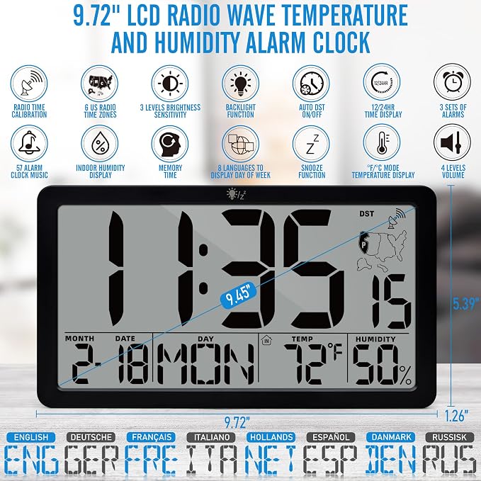 TXL Atomic Digital Wall Clock, Battery Operated with Temperature & Humidity, Auto DST, Date & Weekday, Easy Set Alarm, for Living Room, Bedroom, Office & Classroom (Black)