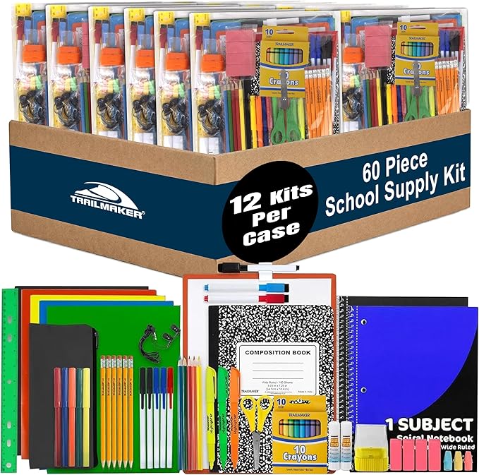 Trail maker Bulk Back to School Supplies 60 Piece Bundle Kits for Girls, Boys, Kids | Back to School Supply Box Set Includes Notebooks, Folders, Headphones, Ruler, Folders, More (12 Kits)