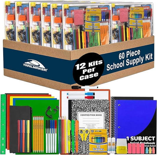 Trail maker Bulk Back to School Supplies 60 Piece Bundle Kits for Girls, Boys, Kids | Back to School Supply Box Set Includes Notebooks, Folders, Headphones, Ruler, Folders, More (12 Kits)