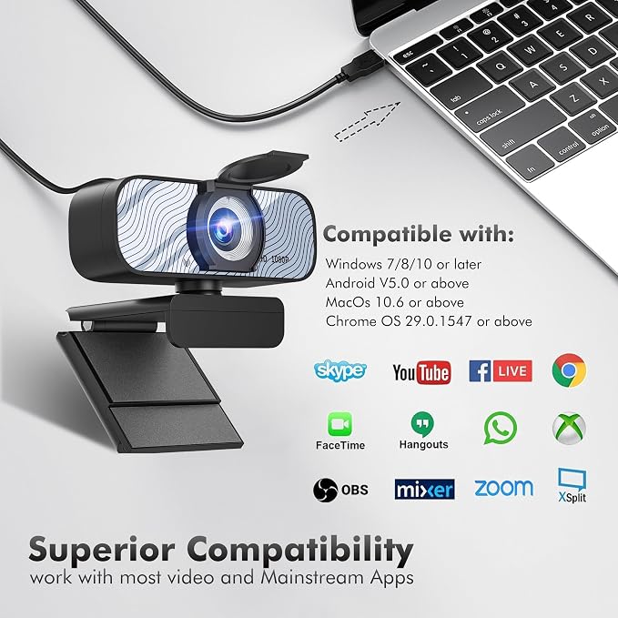 Gozvrpus USB HD Webcam with Built-in Microphone and Rotatable Tripod, 1080P Video, Wide Angle Camera, Privacy Cover, for Desktop PC or Laptop Computer（White）