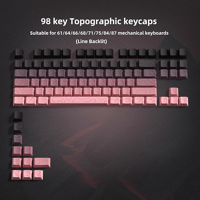 dagaladoo Pink Grey Topographic keycap Sets Line Backlit Gradient keycaps Shine Through Keyboard Keys Side Printed Key caps Cherry Profile for 61/64/66/68/71/75/84/87/104/108 Mechanical Keyboards