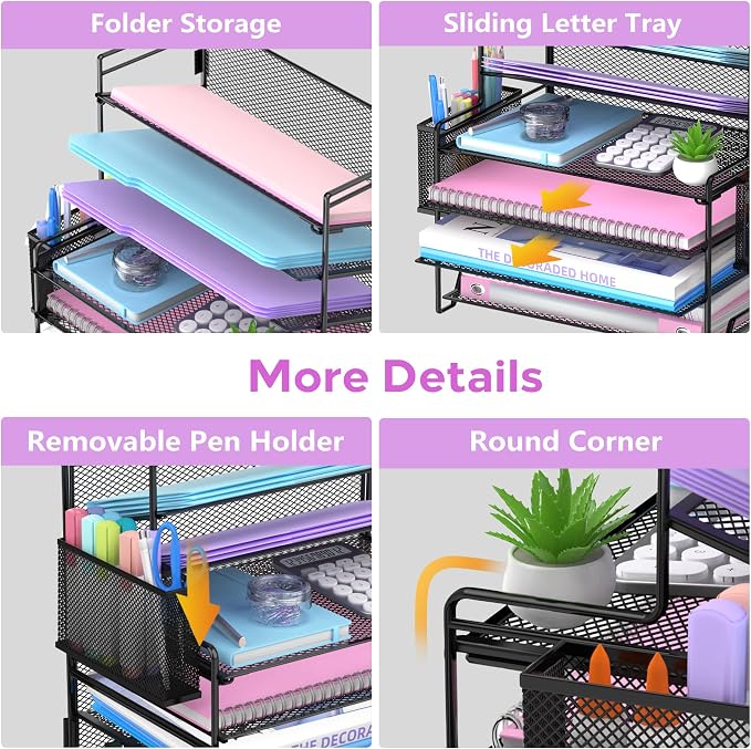 7-Tier Desk Organizer with 3 Pen Holders, Metal Letter Tray, Black | Metal Mesh File Organizer with 3 Side Holders for Paper, Notes, Pens and Office Supplies at Home, School or In the Classroom
