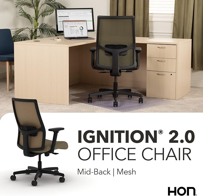 HON Ignition 2.0 Mid‑Back Ergonomic Office Chair, Mesh Task Desk Chair with Lumbar Support, Standard Synchro‑Tilt, Height and Width Adjustable Arms, Black Frame, Quicksand