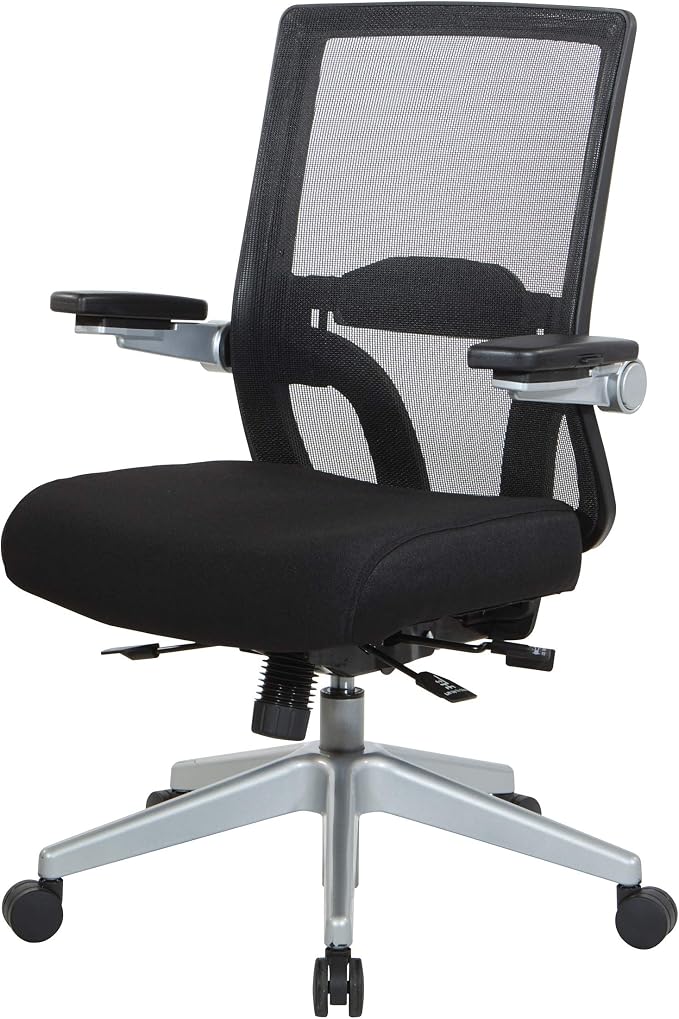 Space Seating 867 Series Adjustable Manager's Chair with Breathable Mesh Back, Lumbar Support and Padded Flip Arms, Black Fabric Seat with Silver Nylon Base